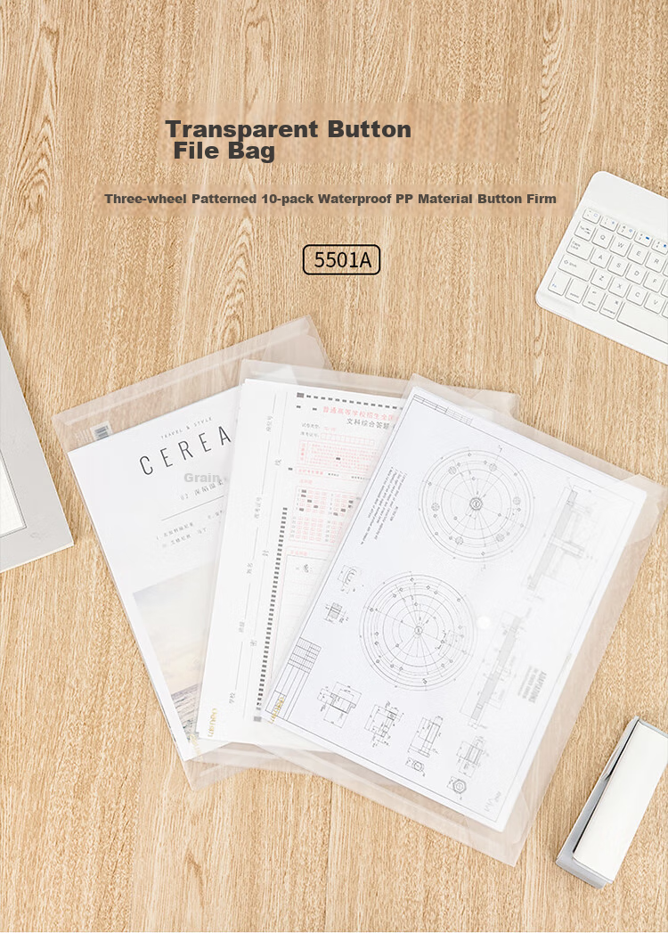 Deli 10 A4 Thick Transparent File Folders, Button Closure Document Sleeves, Waterproof Archive Bags for Contracts And Papers, Financial Receipt Storage, Study Supplies, P05501A 2