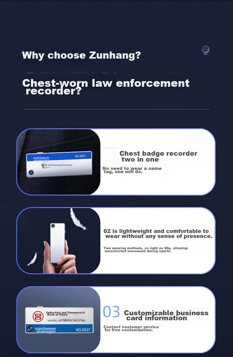 Zhunhang K8 Badge Law Enforcement Recorder, Portable Video Work Badge, Chest-Mounted Mini Camera, Handheld Evidence Collection Device, 128GB 5