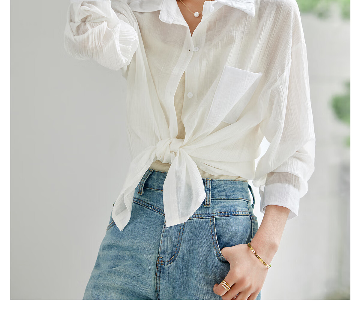 Chushen Thin Long-Sleeve Shirt for Women, Loose-Fitting Versatile See-Through Vacation Casual Jacket Top S144C2684 White L 15