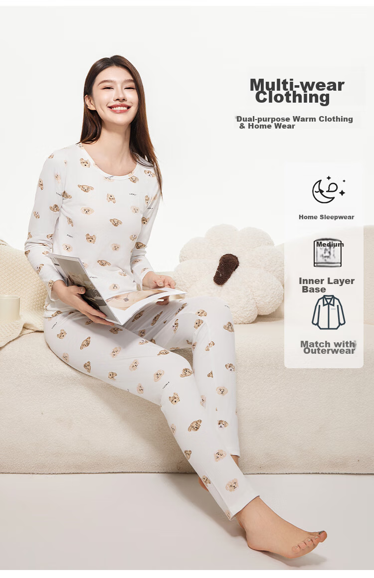 Dushiliren Women's Autumn Underwear Set, Basic Thermal Base Layer, Slim-Fit Printed Sleepwear for Students And Young Girls, Warm Inner Wear 7