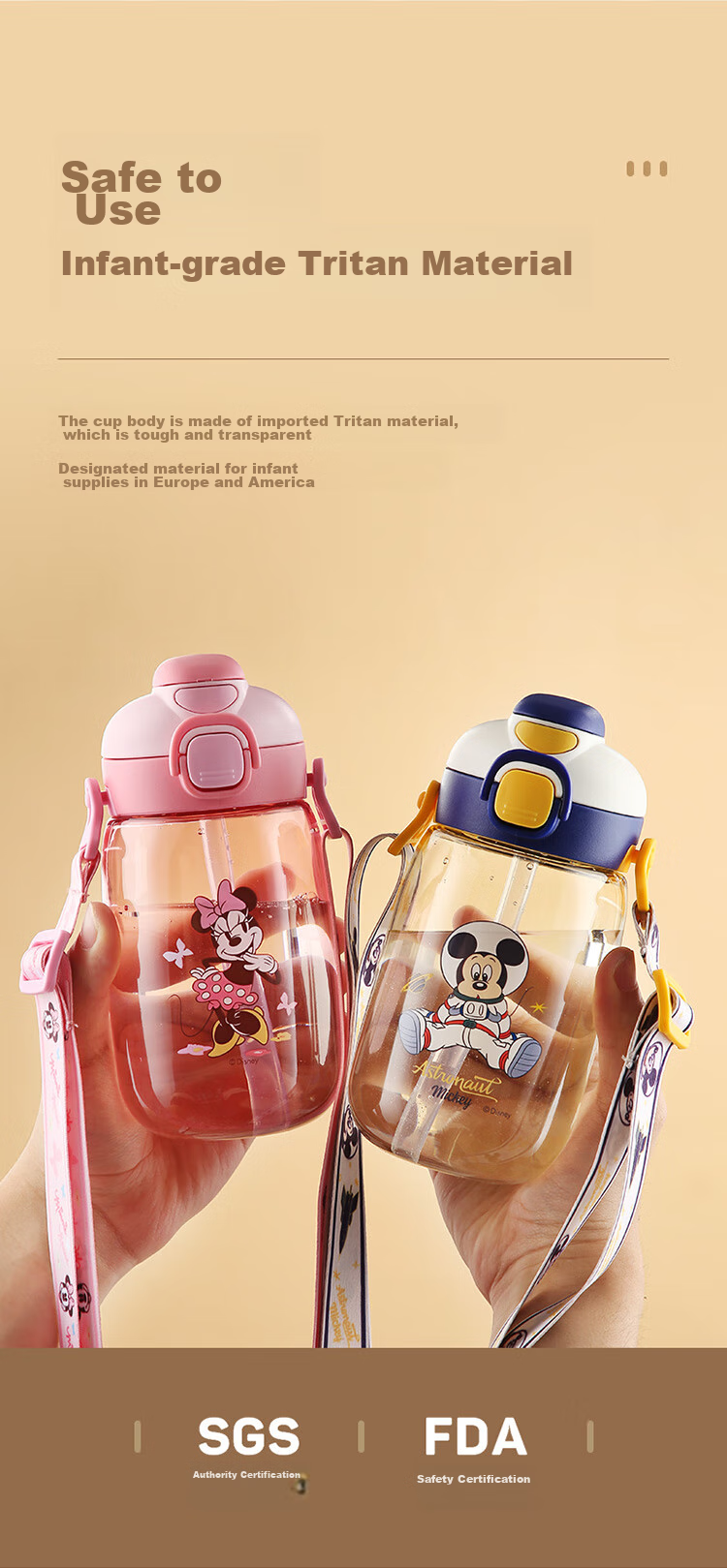 Disney Plastic Water Bottle with Straw for Children, Tritan High-Temperature Resistant Dual-Use Water Bottle for Boys And Girls, Elementary School Students, Direct Drinking Cup 5