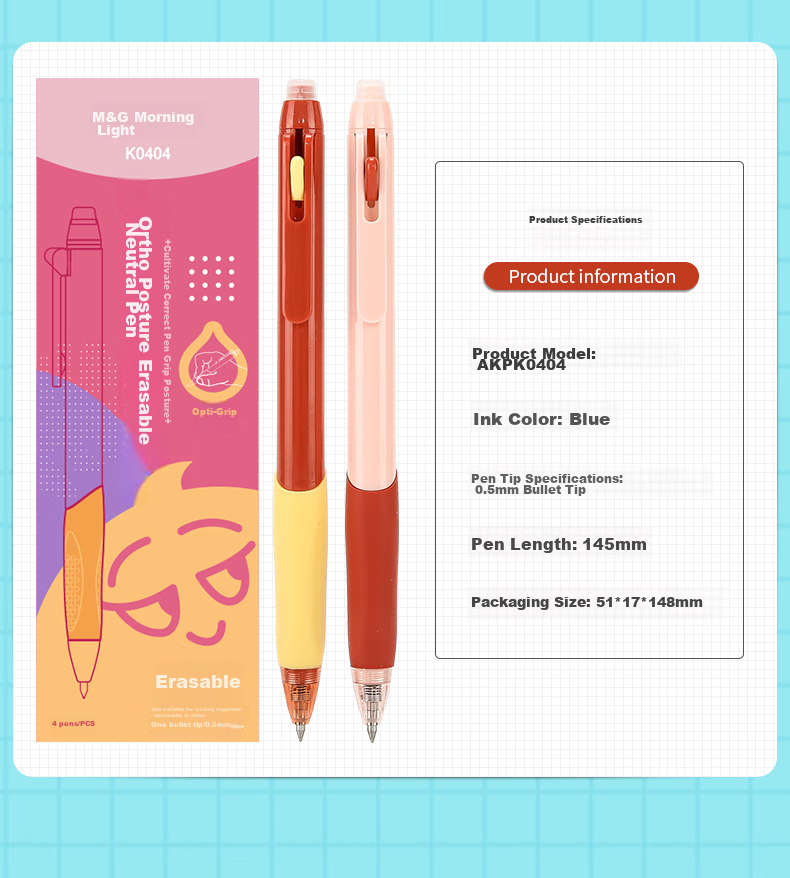 M&G Stationery Erasable Gel Pen with Comfort Grip Design, Retractable Bullet Tip 0.5mm Crystal Blue Color for Elementary School Students, Red Barrel 4-Pack AKPK0404B2 11