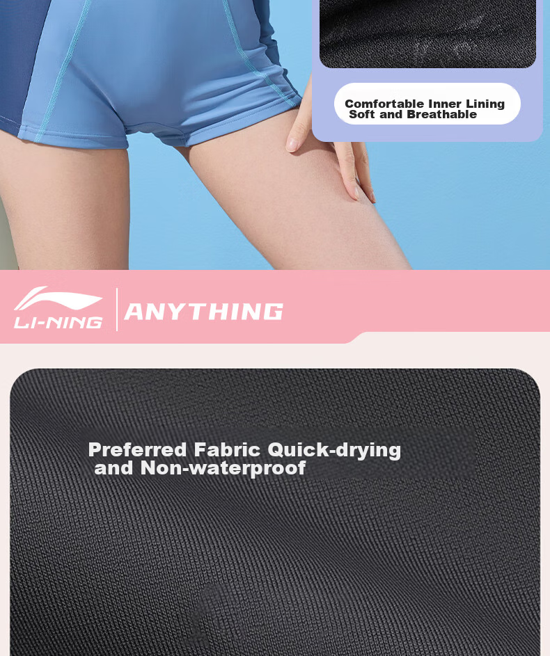 Li-Ning Women's Professional One-Piece Conservative Boyshort Swimsuit, Tummy-Covering Slimming Casual Training Hot Spring Swimwear 506 Gray Blue L 11