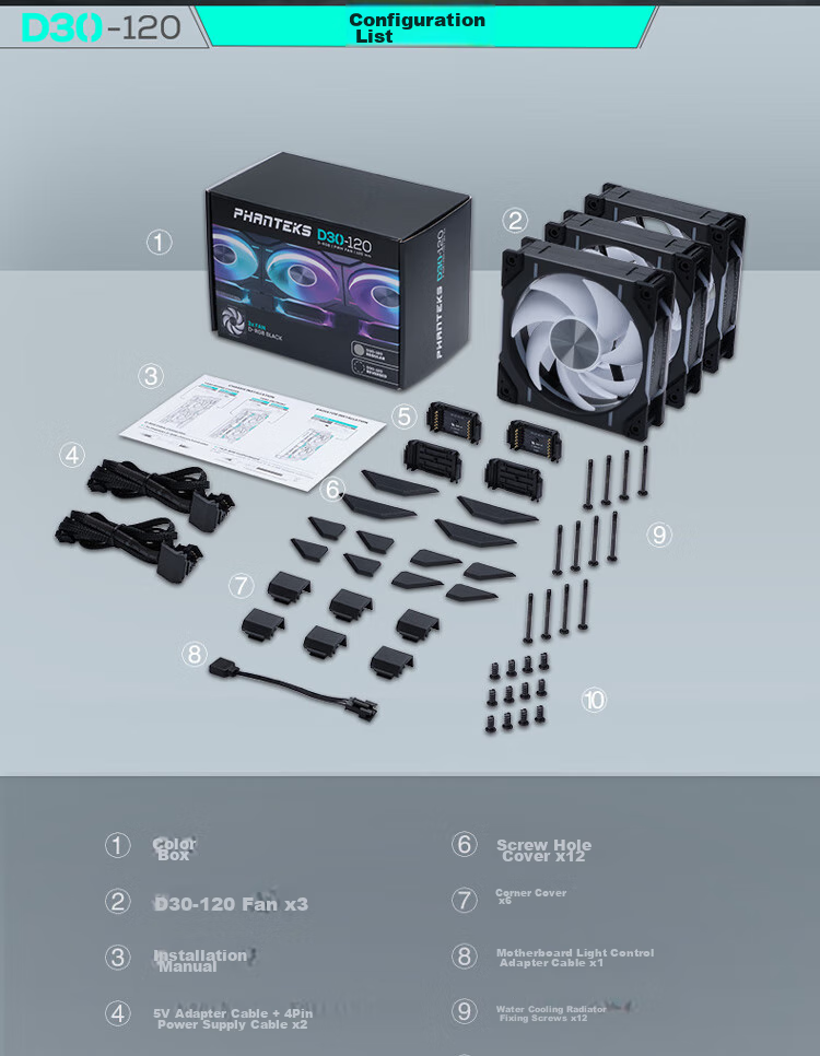 PHANTEKS D30 Building Block Version Zhengye 12cm Case Water Cooling Radiator ARGB Temperature Control Fan (30mm Thick/7 Blades High Air Pressure/Wireless Cable Connection/3-Piece Set/Black) 22