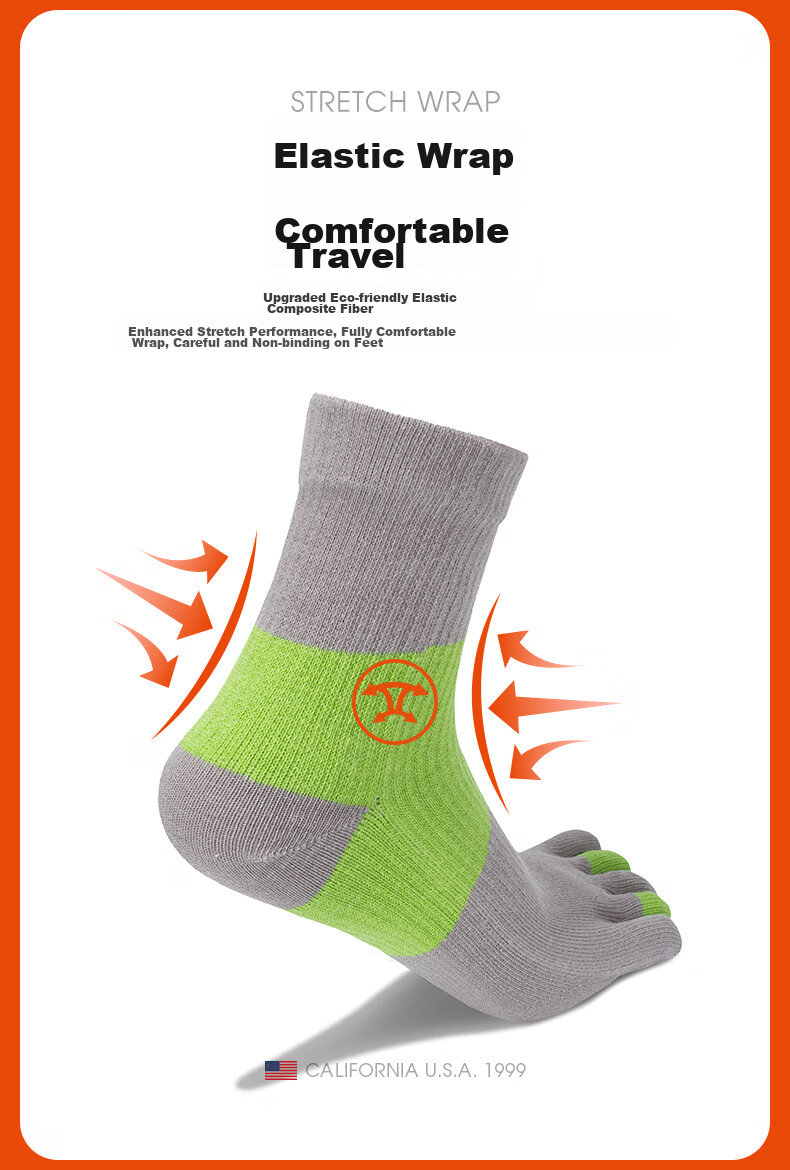 TFO Competition-Grade Five-Toe Outdoor Socks, Breathable Sports Socks, Hiking And Mountaineering Socks 2202423, Men's Gray-Green Color 7