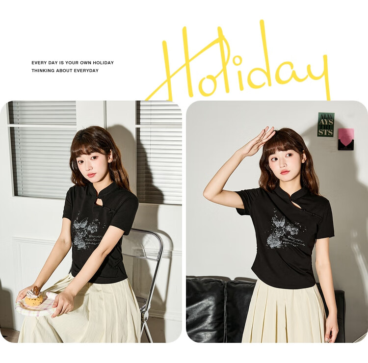 TonLion 2025 Women's New Chinese-Style Butterfly Pattern Short-Sleeve T-Shirt, Black, M 3