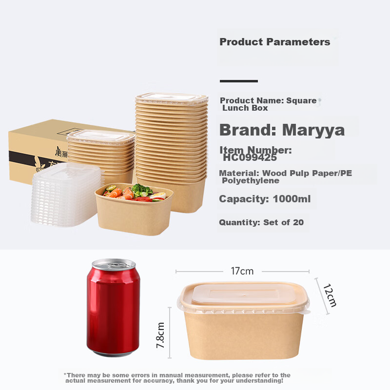 MARYYA Disposable Square Food Containers 1000ml*20 Sets, Food-Grade Picnic Takeout Fruit Kraft Paper Packaging Boxes with Lids