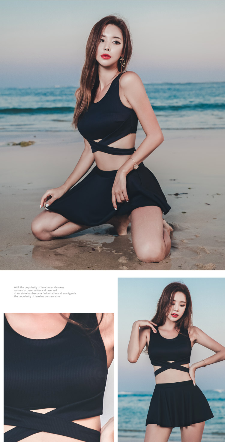 DK Women's Two-Piece Swimsuit with Skirt, Sexy Push-Up Design, Modest, Tummy Control, Slimming, Korean Style for Hot Springs, Black, Size L 10