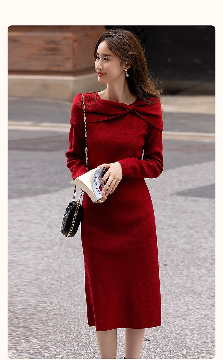 DME French Style Intellectual Lady Butterfly One-Shoulder Knitted Midi Dress for Autumn and Winter 1