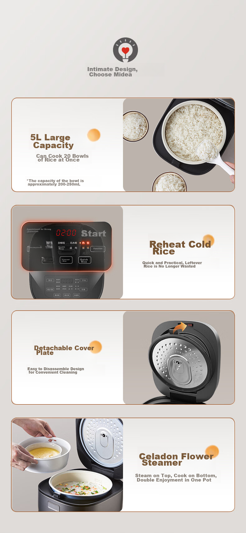 Midea Fast Cream Rice Cooker for Home Use, Suitable for 3-5 People, Antibacterial Non-Stick Inner Pot, 5L Capacity, Celadon Color, New Smart Model with Reservation Function MB-5E01R 12