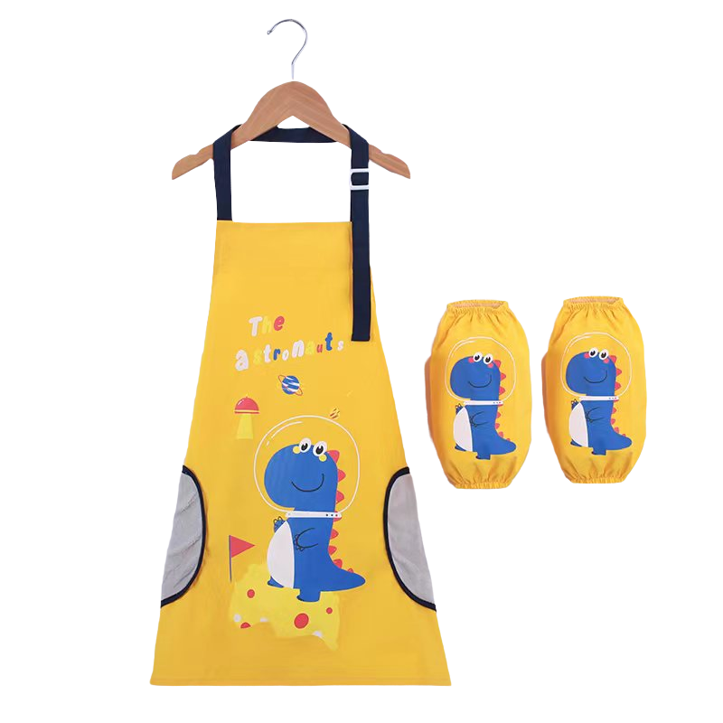 Babyprints Apron, Children's Smock, Baby Painting Clothes, Dining Kitchen Set, Waterproof And Dirt-Resistant, with Sleeves, Washable, Yellow Dinosaur Desig