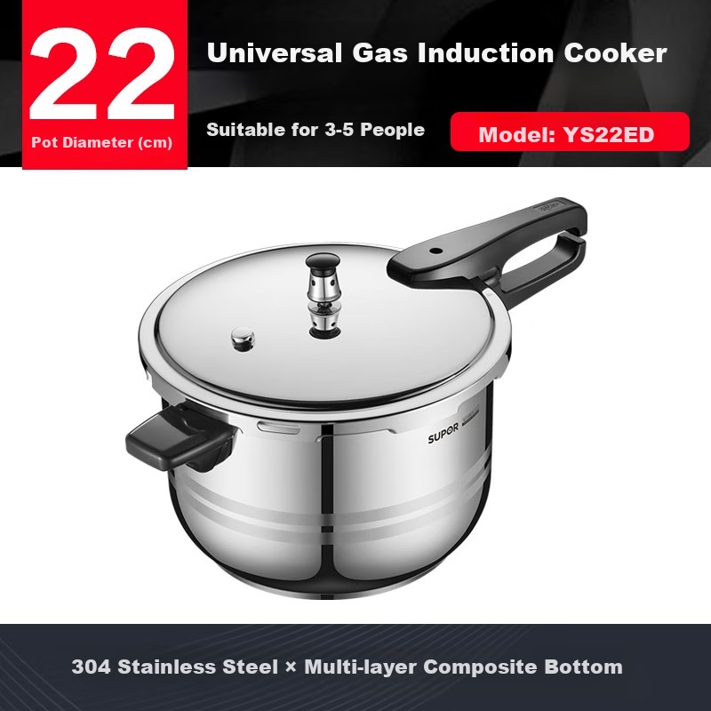 SUPOR 304 Stainless Steel 5.2L Pressure Cooker 22cm [Suitable for 3-5 People] Quick Cooking Anti-Explosion High Pressure Cooker Gas Stove Home Use