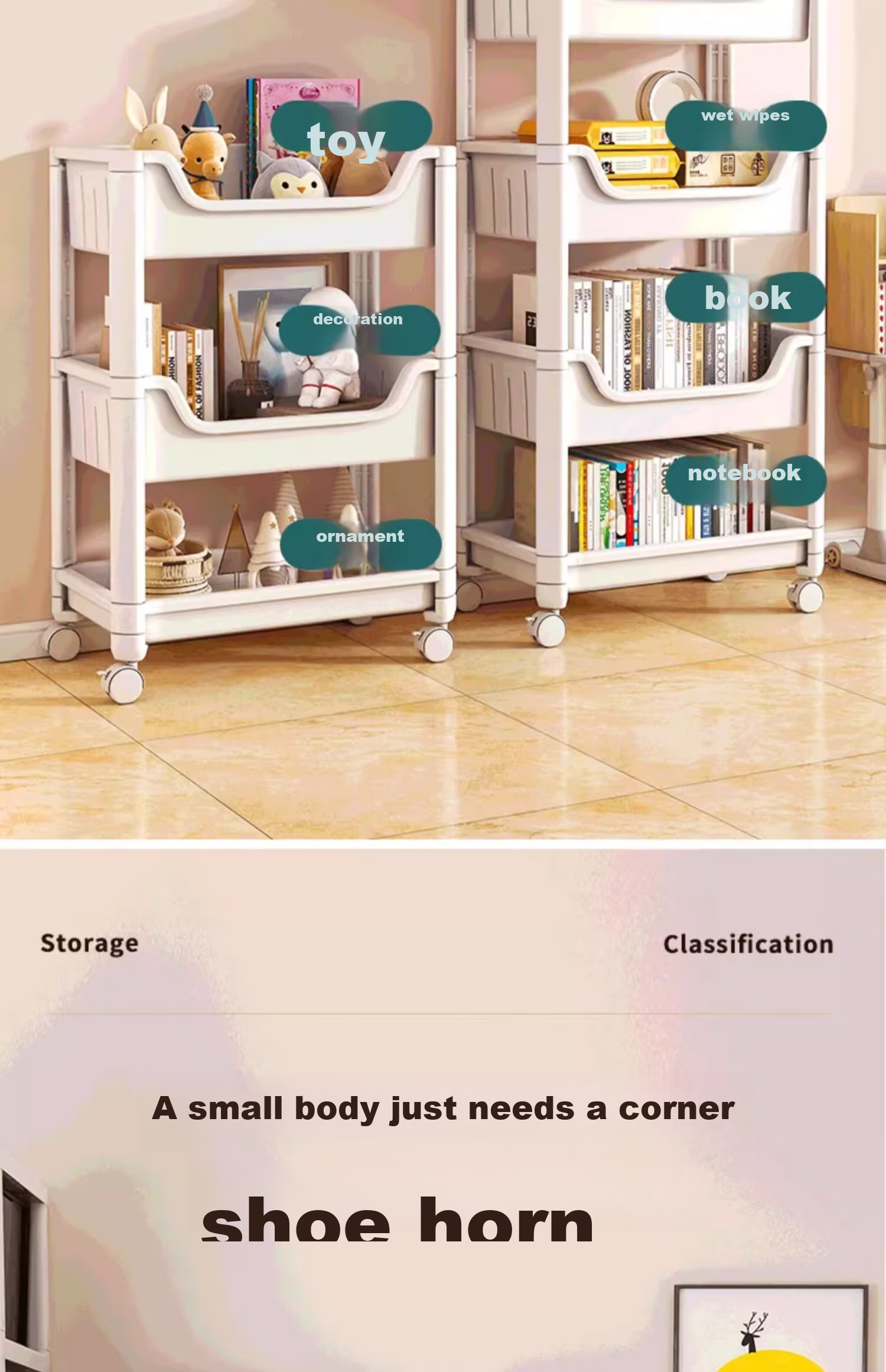 XIAOJIANGCAI Bookshelf Storage Rack, Floor-Standing Home Simple Multi-Layer with Wheels, Toy Storage Cart, 4-Tier Storage Shelf 6