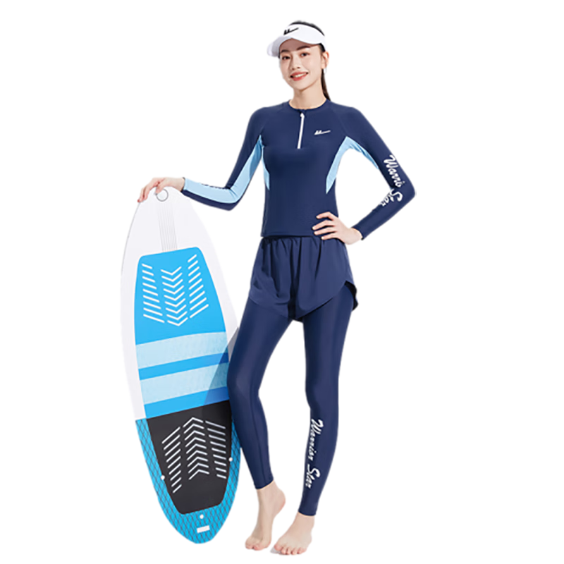 Huili Women's Two-Piece Swimsuit, Long-Sleeve Top And Long Pants, Conservative Surfing Diving Wetsuit, Quick-Dry Hot Spring Four-Piece Set, 14021 Navy Blue, 3XL