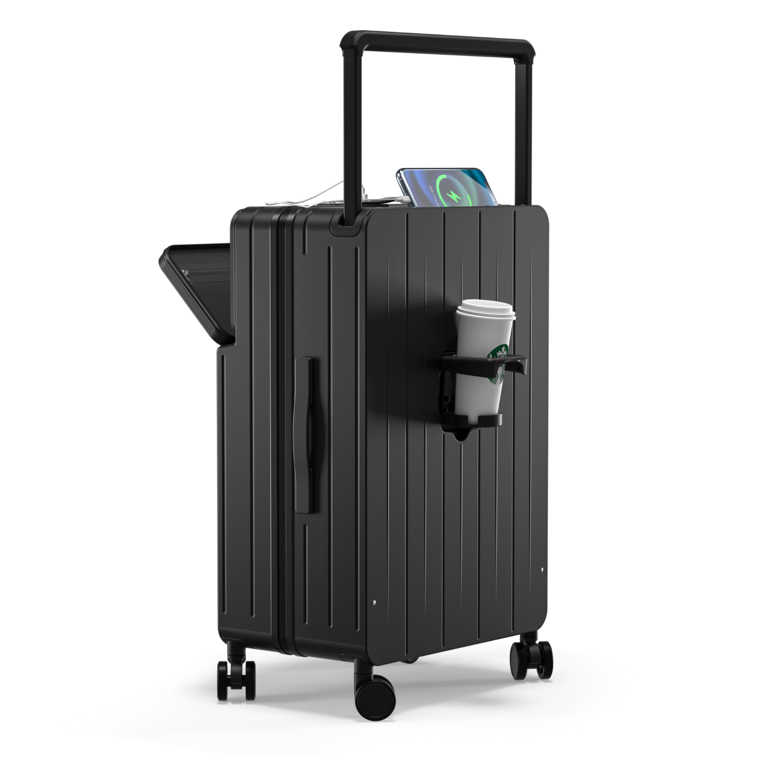 DTA Luggage Suitcase with Front Opening, Multi-Functional Wide Handle Travel Case, Password Lock Leather Suitcase for Men And Women, Black, 26 Inches