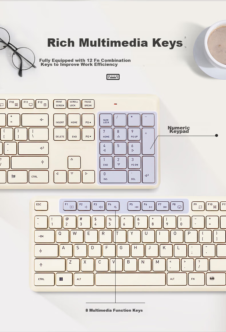 CHERRY DW2300 Wireless Keyboard And Mouse Combo Set, Business Office Home Laptop External Full-Size Quiet Portable Ergonomic Keyboard And Mouse, Vintage White 9