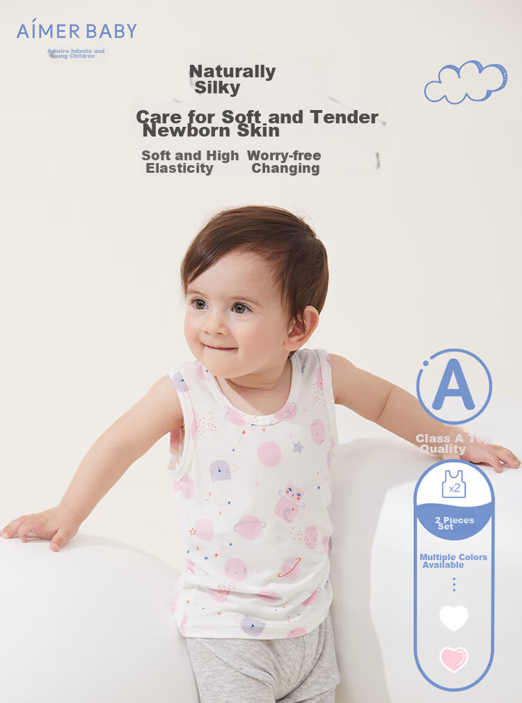 Aimer Kids Underwear Vest Undershirt for Girls, Baby Floral Print Vest 2-Pack, Meow Planet White + Pink, Size 90 1