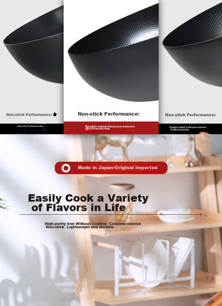 Pearl Life Japanese Imported Wok, Double-Sided Concave Non-Stick Iron Pan without Coating, Deep-Type Household Flat-Bottom Frying Pan, Lightweight And Healthy 1
