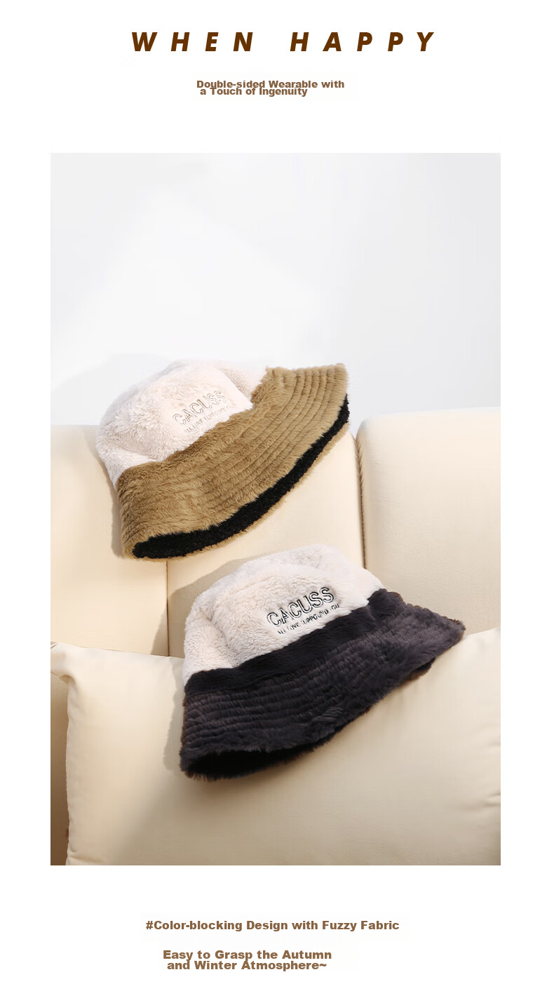 CACUSS Women's Winter Warm Fisherman Hat, Large Head Circumference, Face-Slimming Bucket Hat, Retro Plaid Teddy Fleece Hat, Coffee Color 3