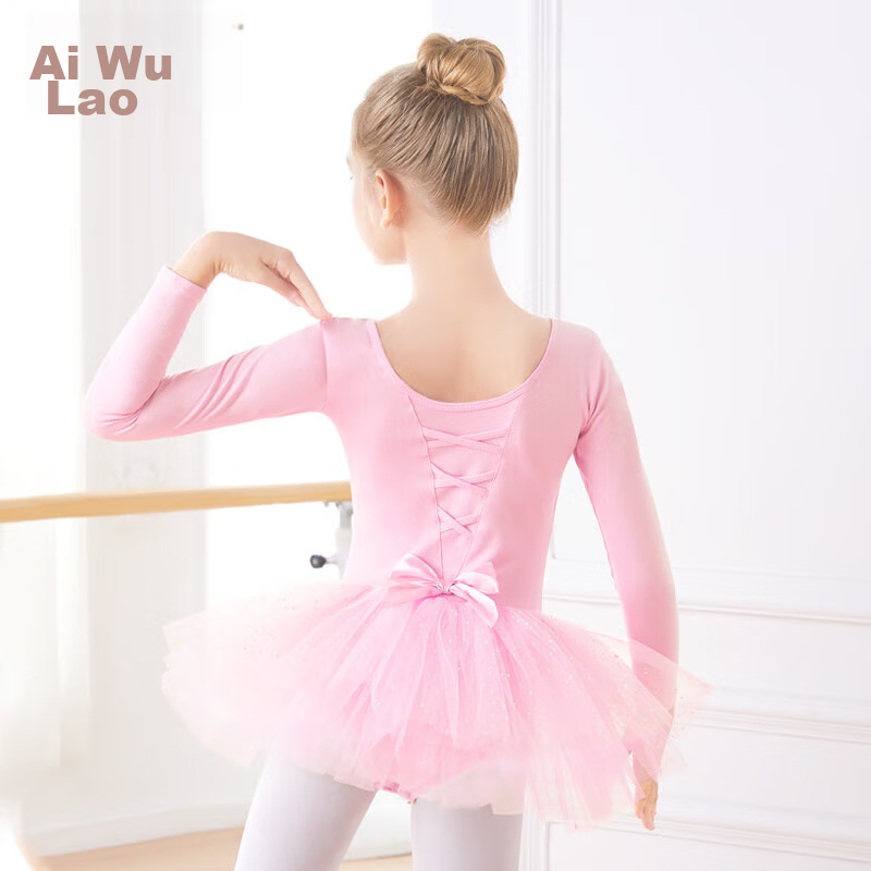 Aiwuge Children's Dance Dress, Girls' Spring And Autumn Long-Sleeve Pink Princess Tulle Skirt One-Piece Practice Costume, Size 130