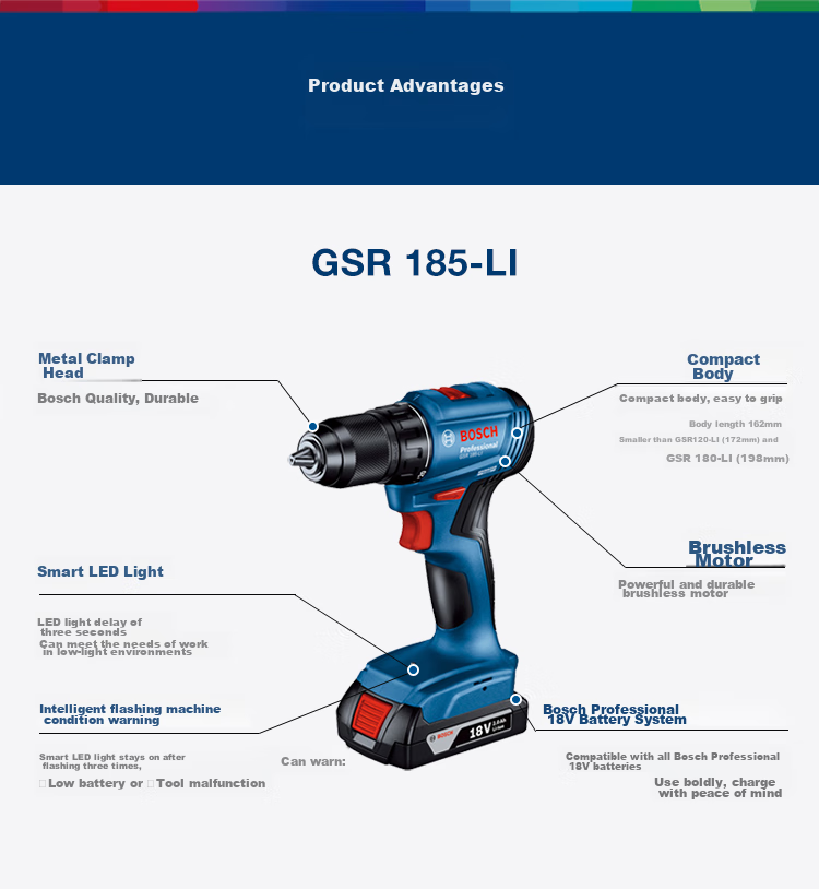 BOSCH Cordless Screwdriver Drill, Lithium Battery Handheld Drill, Screwdriver And Flat Drill, 18V GSR 185-LI, 2.0Ah Battery *1 14