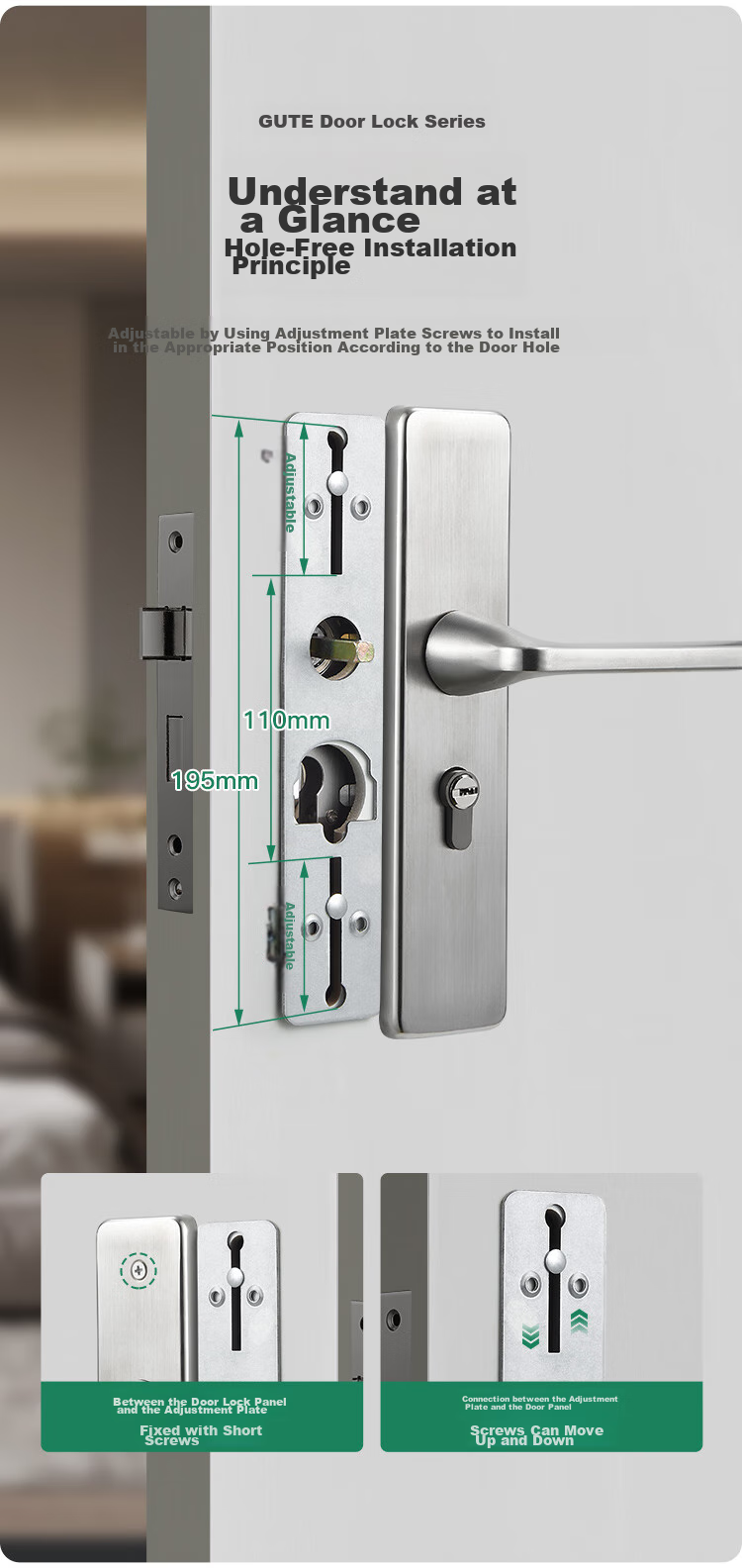 GUTE Door Lock, Interior Bedroom Wooden Door Lock, Room Door Handle, Stainless Steel Bathroom Door Lock, Brushed Color, Adjustable Door Lock 1