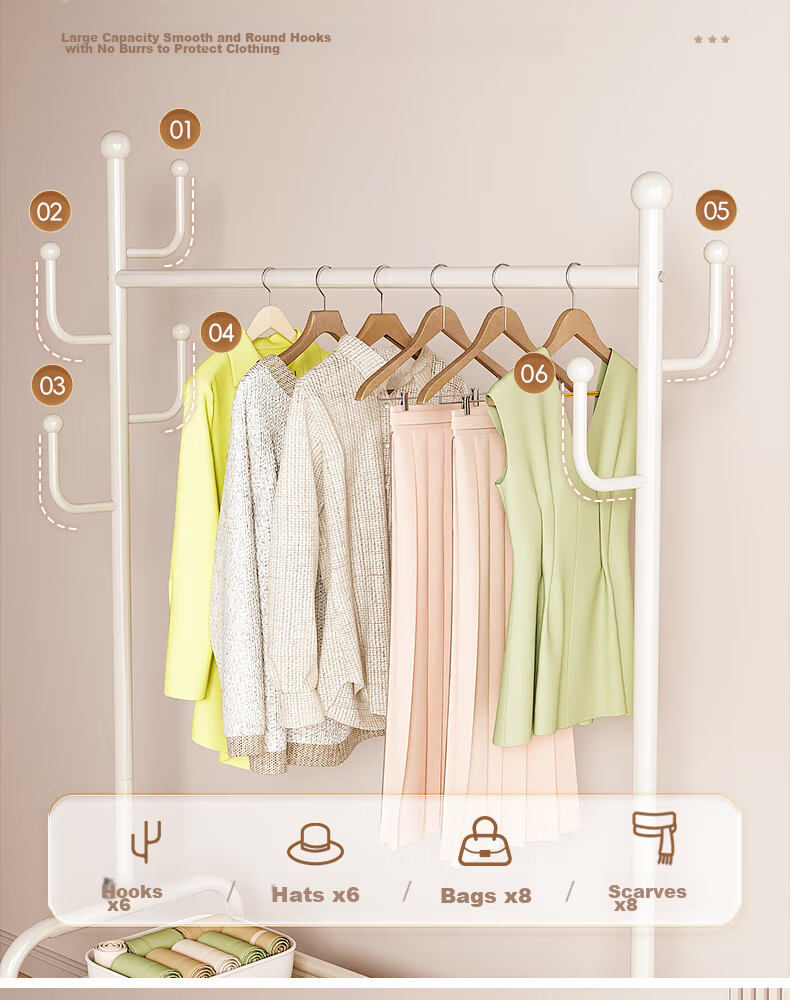 Milin Wheeled Coat Rack, Movable Bedroom Floor-Standing Modern Minimalist Home Storage Basket Coat Hanger, White Basket 60cm 8