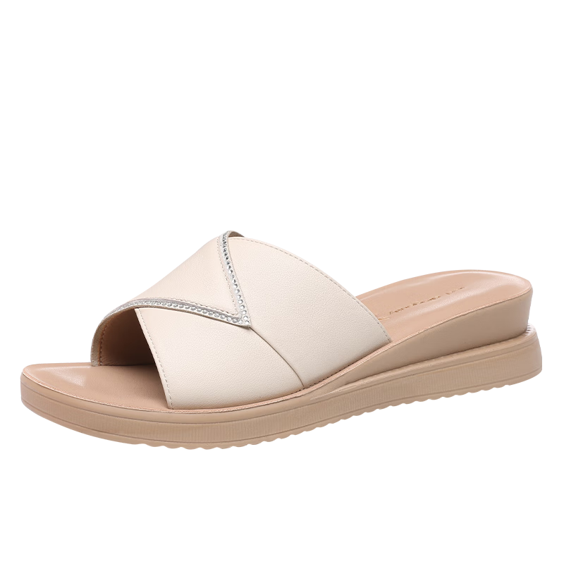 Hongqingting Mother's Day Slippers for Women, Outdoor Wear, Thick-Soled Wedge Roman Sandals, Soft-Bottomed Leather Flat Slippers, WTK233792