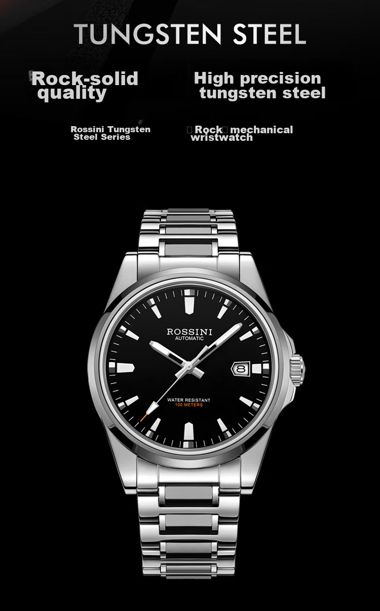ROSSINI Men's Mechanical Watch, Birthday Gift for Men, Luminous, Water-Resistant, Black Dial, Tungsten Steel Strap, 5240209 2