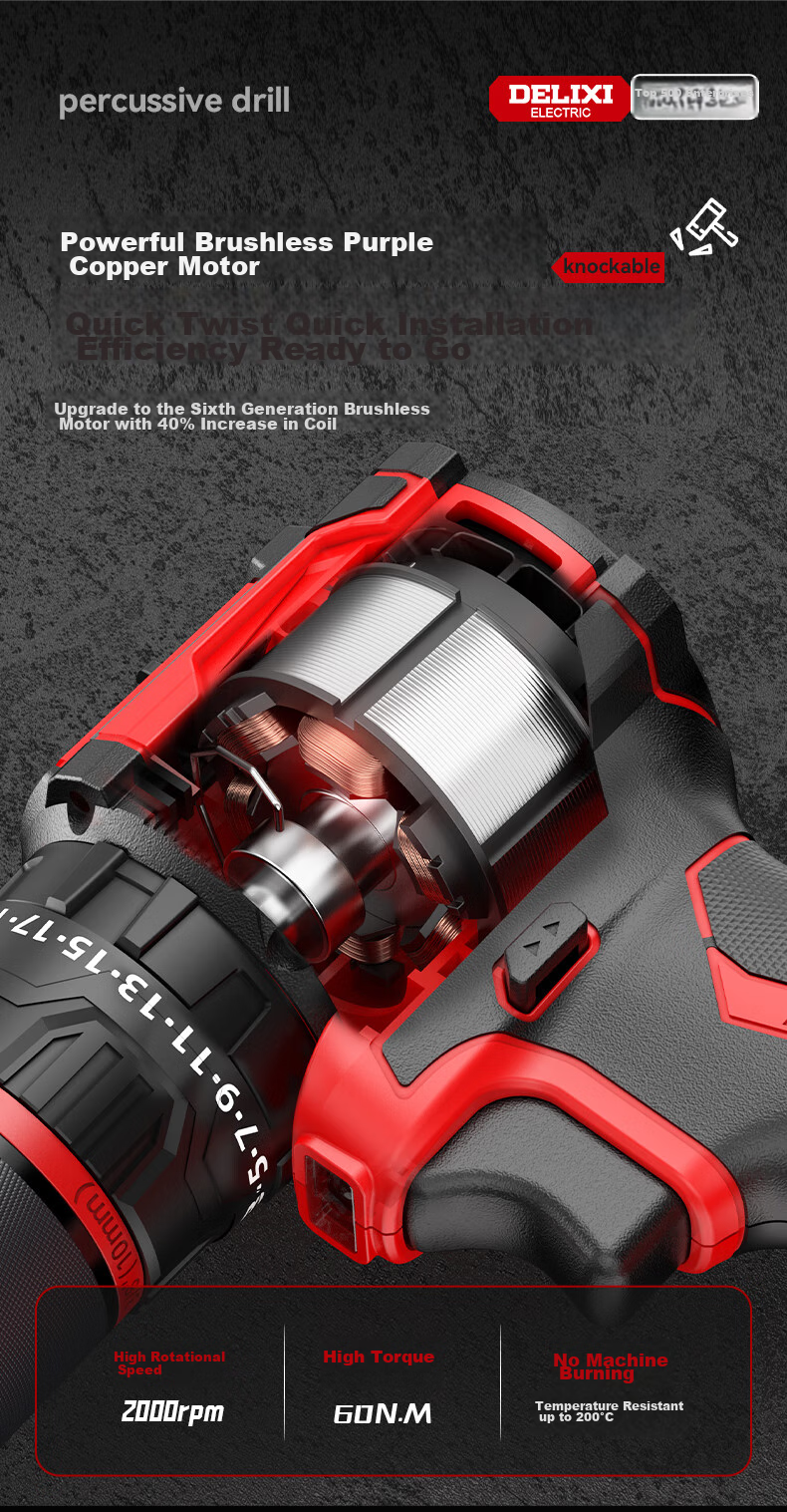 DELIXI ELECTRIC Electric Drill, Lithium Battery Drill, Electric Screwdriver, Household Rechargeable Hand Drill, Electric Screwdriver, Impact Drill, 4.0 Dual-Speed 6