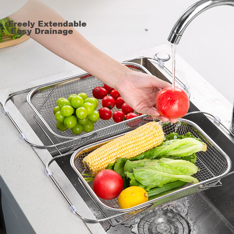 Newair Stainless Steel Draining Basket, Sink Drainer Rack, Extendable Dish Rack, Dishwashing Sink, Fruit And Vegetable Washing Basket, Storage Rack