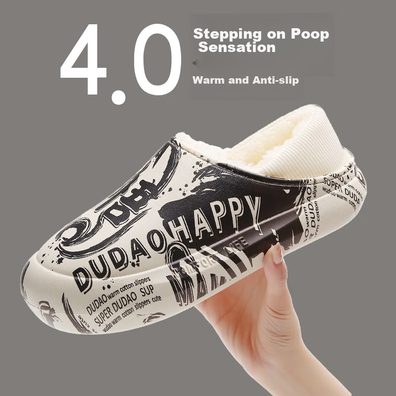 GUOLUOFEI National Trend Cotton Slippers for Men And Women, Outdoor Waterproof Non-Slip Indoor Thick-Soled Fleece-Lined Closed-Toe Cotton Shoes, Black And White, Size 38-39
