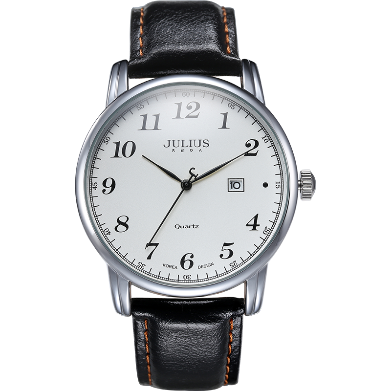 Julius Men's Watch, Retro Fashion with Date Display, Casual Leather Strap, Quartz Movement, Student Exam Watch, Black JA-508MA