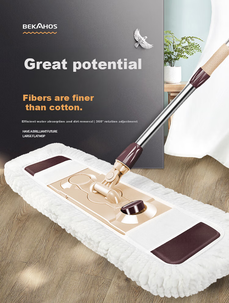 Baijiahaoshi Flat Mop, 65cm Large Cloth Size, Household Dust Pusher, Bathroom Wooden Floor Mop Handle, Absorbent Floor Cloth, Mop Cloth 2