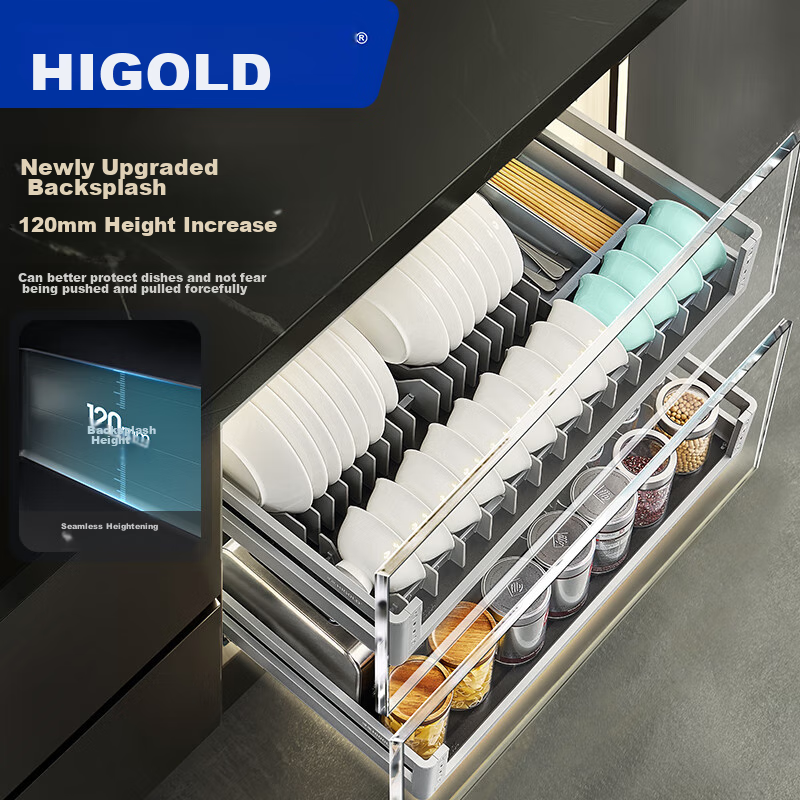 HIGOLD Kitchen Cabinet Pull-Out Drawer, 304 Stainless Steel Bowl And Plate Rack, Black Titanium Bowl Holder, Double-Layer Bowl Basket Storage Shelf