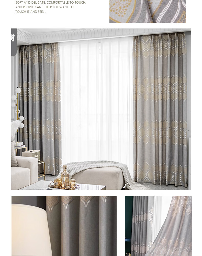 Ali Living Room Bedroom Blackout Curtains, Bamboo Cotton Jacquard Blue Hook Style, 2.0m Wide * 2.2m High Single Panel 14