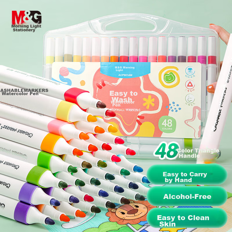 M&G Stationery, 48 Colors Washable Watercolor Pens, Children's Triangular Handle Face Paint Doodle Drawing Pens, Student Art Painting Safety Birthday Gift ACP901AW