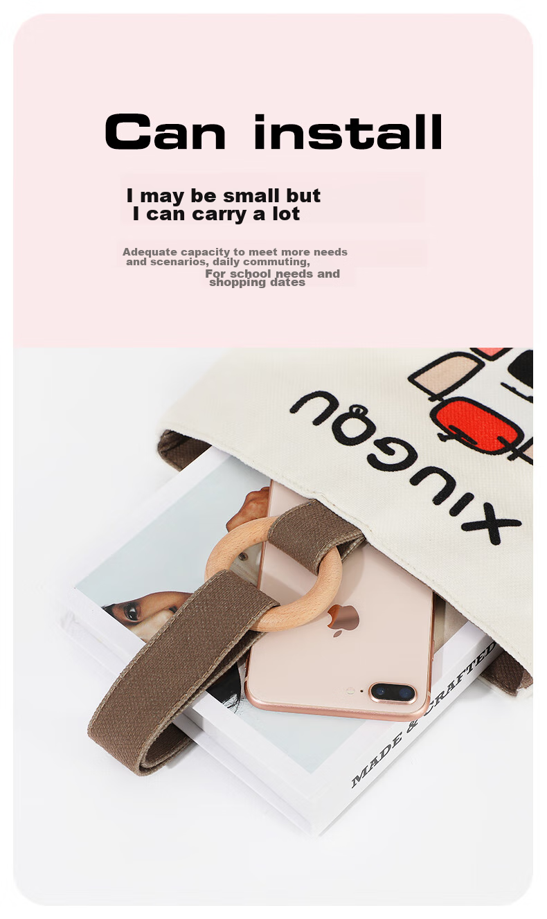 Siwangongli Canvas Bag, Wooden Handle Bucket Bag, College Student Handbag, Casual Niche Gift, Leisure Bag, Commuter Bag 5