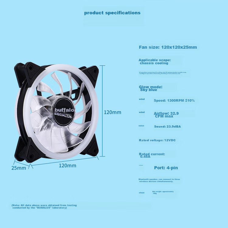 BUBALUS Ice Blue 12CM Case Fan (Cool Blue Light/air Cooling/liquid Bearing/computer Fan/large 4-Pin Daisy Chain) 8