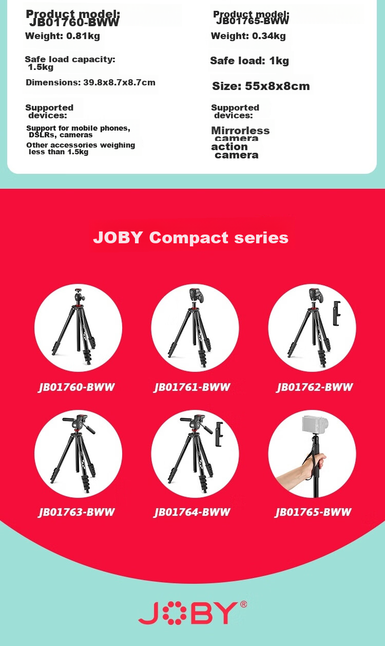 JOBY JB01760-BWW Professional DSLR Camera Tripod, Mirrorless Camera Extendable Adjustable Aluminum Alloy Portable Stand, 1.3 Meters Compatible with Sony And Canon, Load Capacity 1.5KG 14