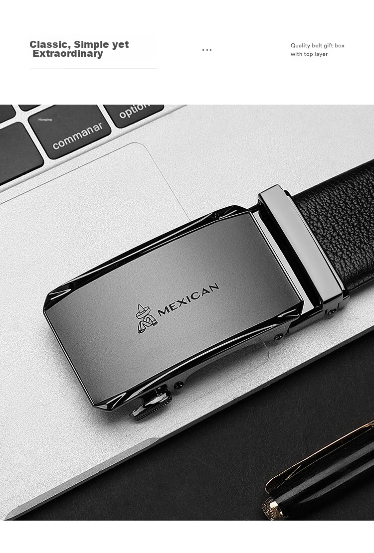 MEXICAN Men's Leather Belt with Automatic Buckle, Genuine Top-Grain Cowhide Business Waistband Casual Trouser Belt Birthday Gift for Men And Fathers 17
