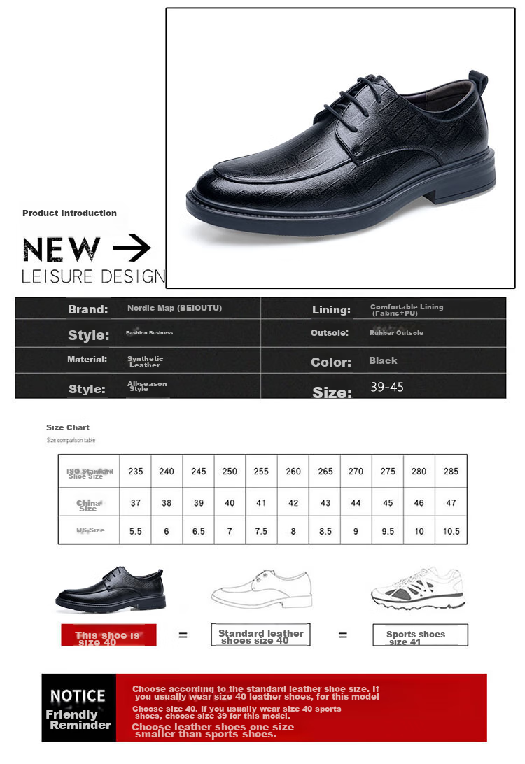 BEIOUTU Men's Leather Shoes, Business Formal Shoes, British Style Lace-Up Wedding Korean Version Men's Shoes, 1959 Black, Size 41 1