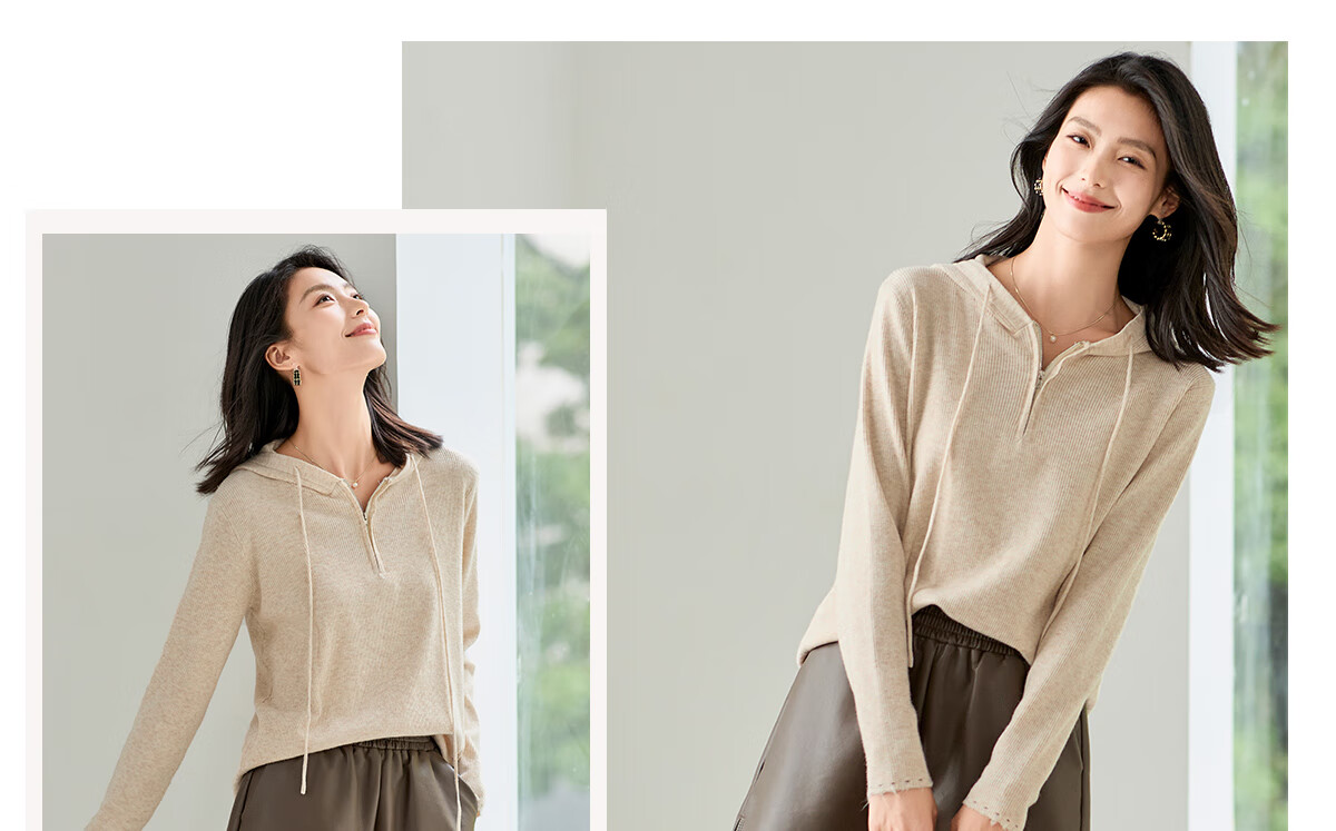 Chushen Women's Hooded Knit Sweater with Drawstring Half-Zip, Fashionable Casual Pullover Top S143Z3012 17