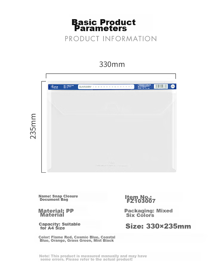 Fizz Transparent File Folders, Pack of 6, A4 Size, Thickened with Snap Buttons, Document Folders with Index Dividers, Exam Paper Storage Folders, Office Supplies, Student Stationery FZ103007 2