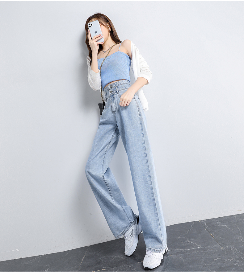 Jeanswest Women's High-Waisted Slimming Straight-Leg Wide-Leg Jeans with Design Flair, Summer Style, Light Blue, Size L 15