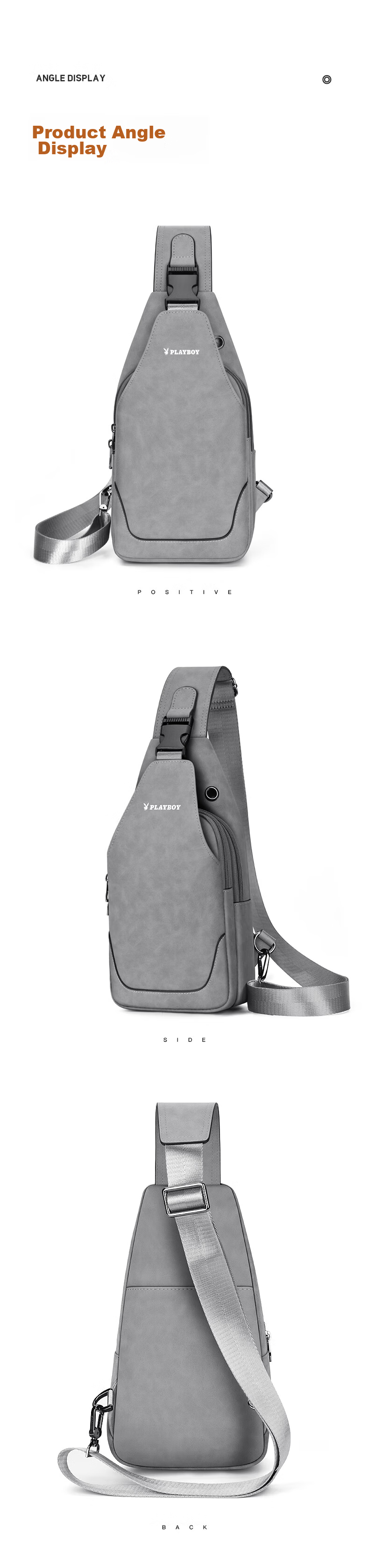 PLAYBOY Shoulder Crossbody Bag for Men, Large Capacity Multifunctional Chest Bag, Casual Backpack, Portable Travel Phone Bag, Gray 10