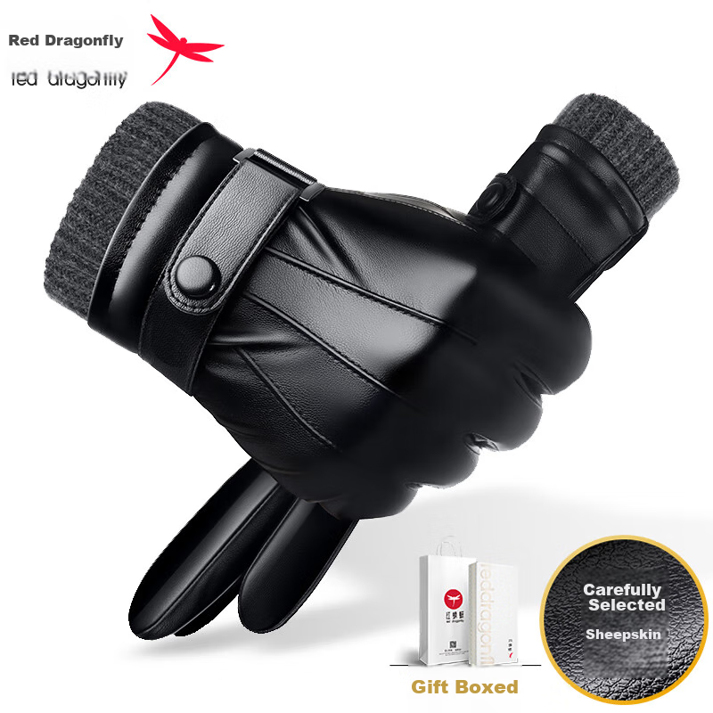 RED DRAGONFLY Genuine Leather Gloves for Men, Winter Riding Warm Motorcycle Driving Fleece-Lined Thickened Touchscreen Compatible Windproof Sheepskin Gloves