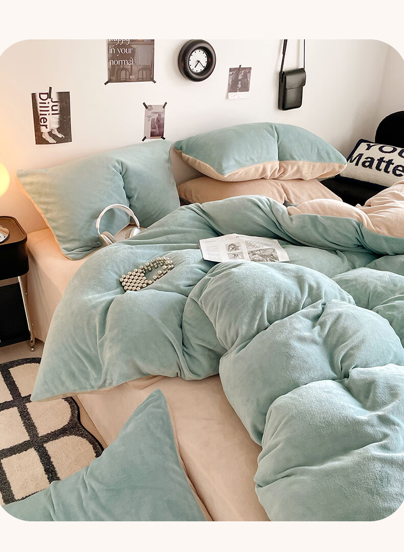 Grace Milk Velvet Duvet Cover Single Piece, Double Fleece-Lined Duvet Cover, Tranquil Blue + Champagne, 200*230cm 1