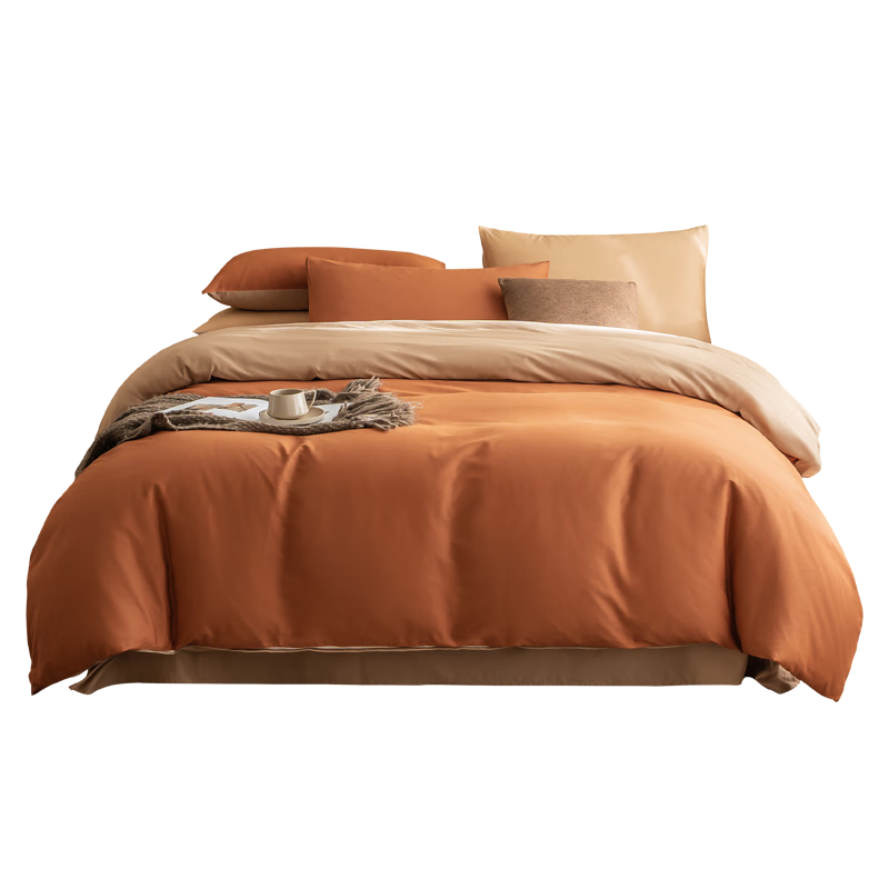 JD Original Italian-Style Ceramic-Ground Four-Piece Bedding Set, 60-Count Long-Staple Cotton Brushed A-Class 100% Pure Cotton Bed Sheet Duvet Cover Winter Warm Single Double Bed 1.5m Maple Brow