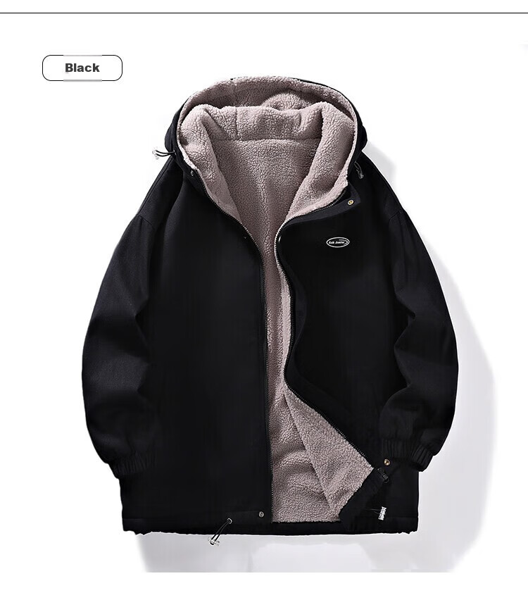 Mianzhi Men's Jacket, Autumn And Winter Coat, Casual Outerwear, Youth Hooded Thickened Lambswool, Loose-Fitting Jacket, Black, 3XL 8